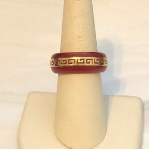 10K Yellow Gold Greek Key Red Jade Ring/Band